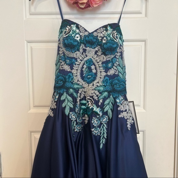 Blondie Blue Embroidered Strapless Ballgown Prom Dress - Picture 4 of 15